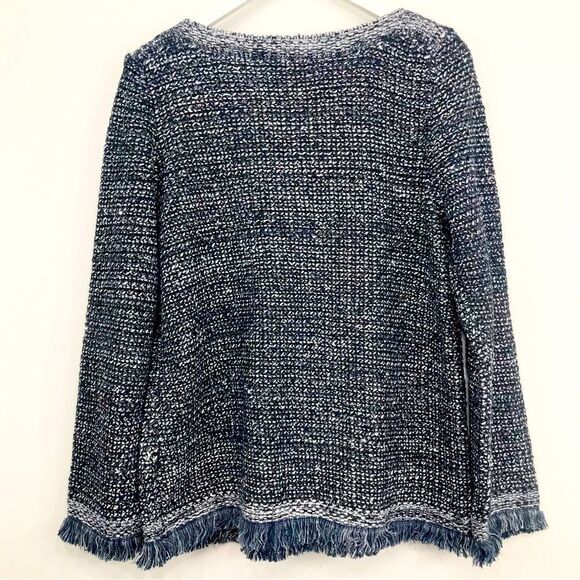 Ann Taylor Navy Blue Metallic Silver Sequin Boat Neck Fringed Knit Sweater - Picture 10 of 16